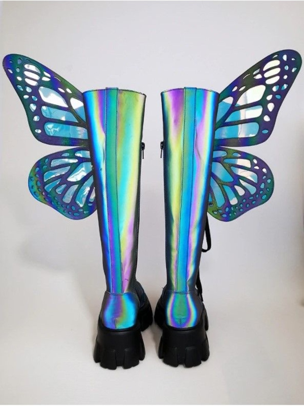 Iridiscent Butterfly Wing Knee-High Boots - Holographic Blue-Green